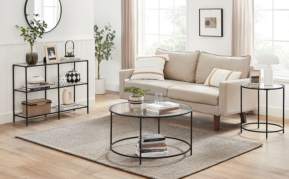 Pour un salon confortable et cozy 30 Meuble d'entrée étagère en verre à 3 niveaux - Maison Déco Lumière