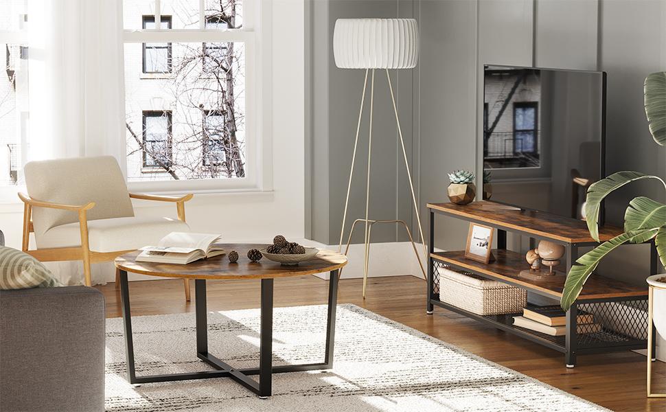 Pour un salon confortable et cozy 28 Table basse ronde plateau en bois et cadre en acier - Maison Déco Lumière