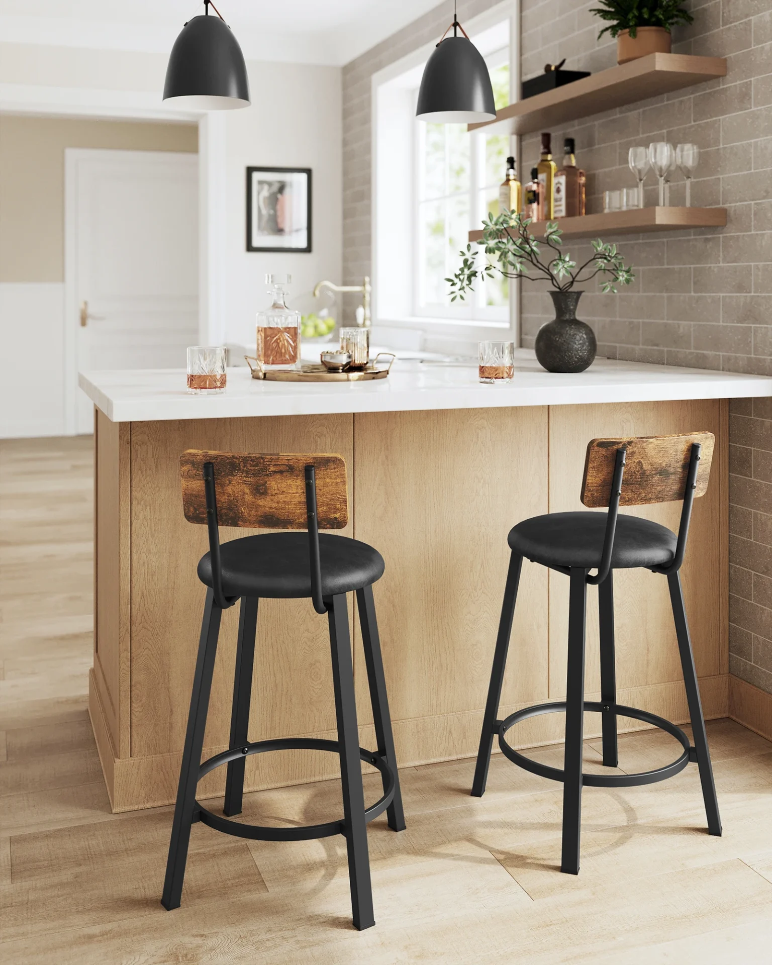 Lot de 2 tabourets de bar avec dossier en bois - Maison Déco Lumière