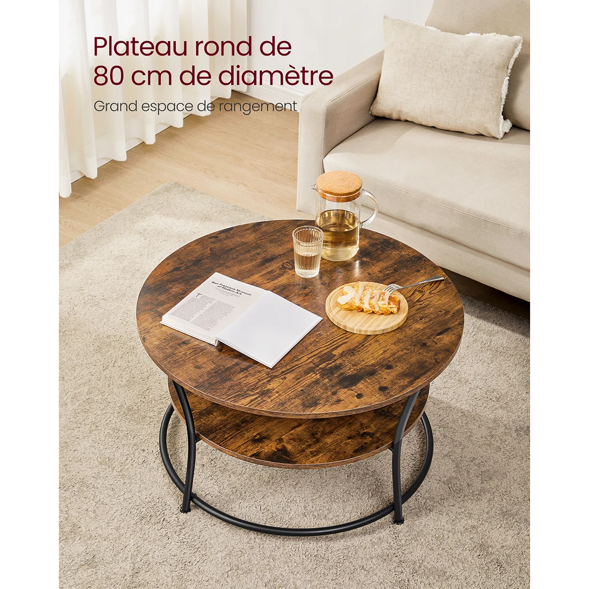 Table basse ronde à 2 niveaux en bois et en acier - Maison Déco Lumière