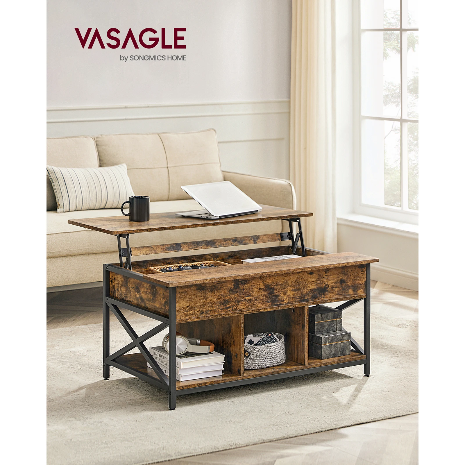 Table basse en bois avec plateau relevable et rangement - Maison Déco Lumière