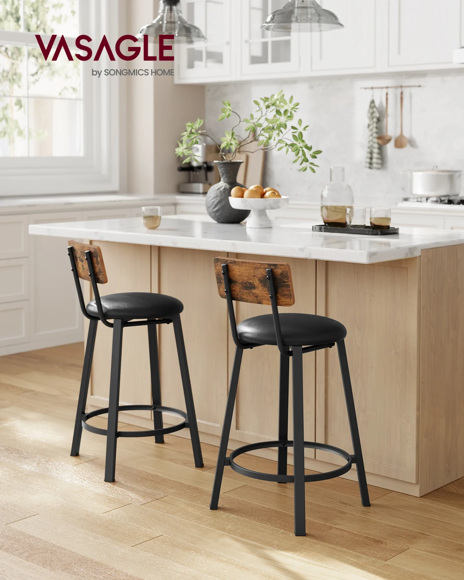 Lot de 2 tabourets de bar avec dossier en bois - Maison Déco Lumière