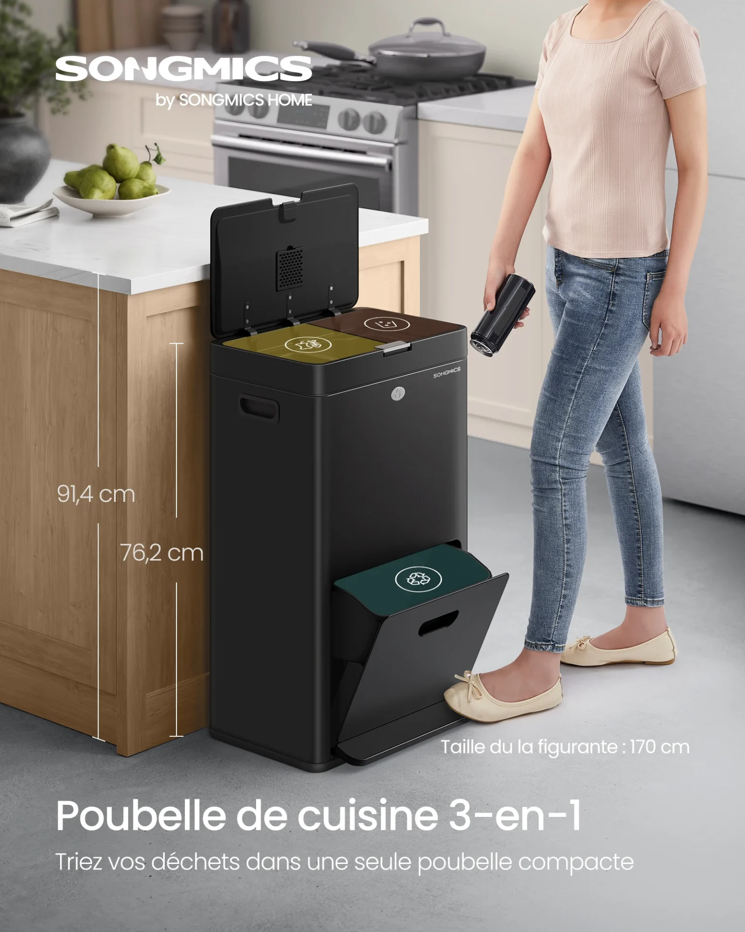 Poubelle de cuisine anti-odeur 3-en-1 pour le tri sélectif - Maison Déco Lumière