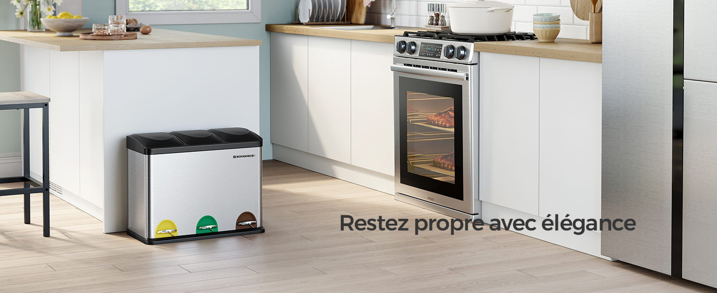 L'essentiel pour une cuisine moderne et fonctionnelle 9 Poubelle de tri en métal avec pédale - 45 L (3 x 15L) - Maison Déco Lumière