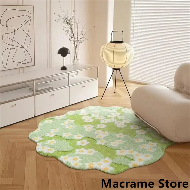 Tapis décoratif prairie fleurie en vert et blanc - Maison Déco Lumière