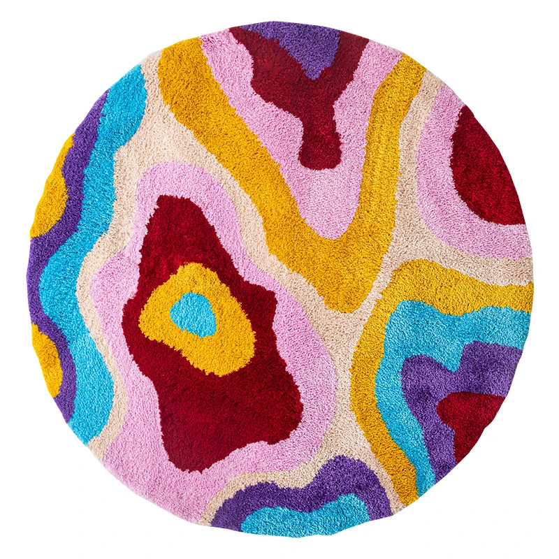 Y2K – tapis rond coloré à rainures psychédéliques, fait à la main, pour salon et chambre à coucher, rétro, en peluche, Art abstrait - Maison Déco Lumière