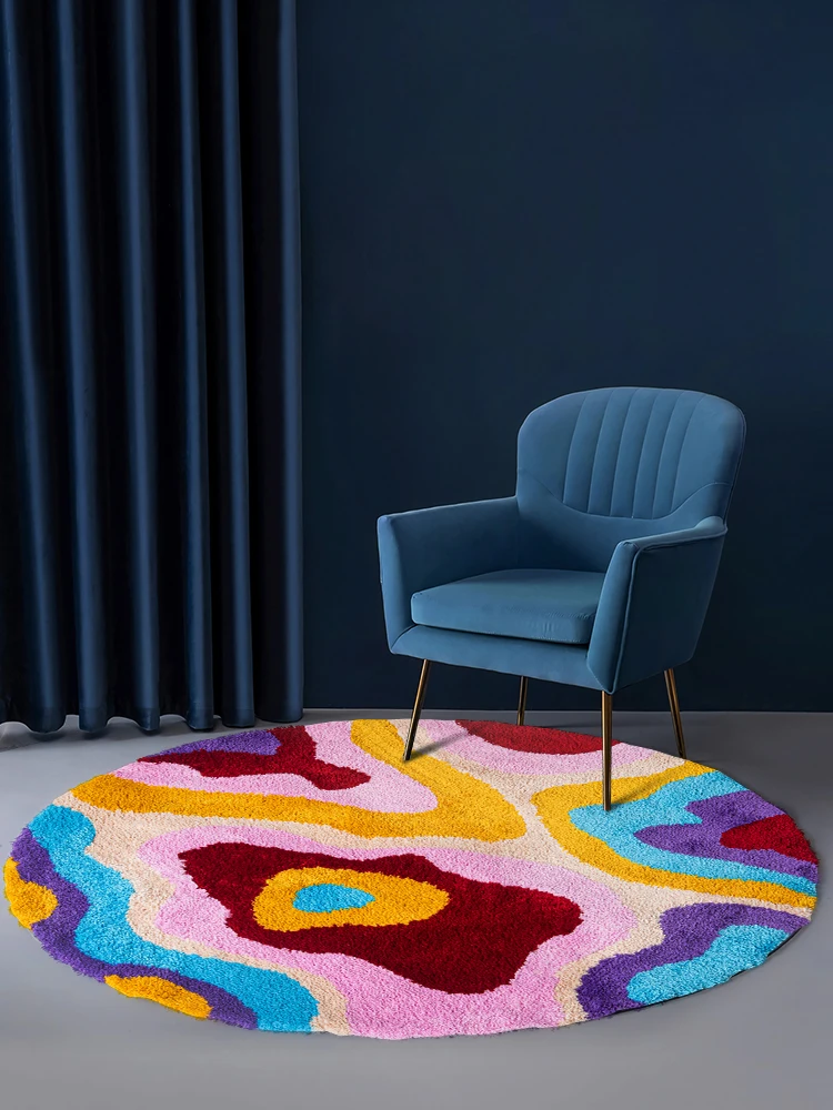 Y2K – tapis rond coloré à rainures psychédéliques, fait à la main, pour salon et chambre à coucher, rétro, en peluche, Art abstrait - Maison Déco Lumière