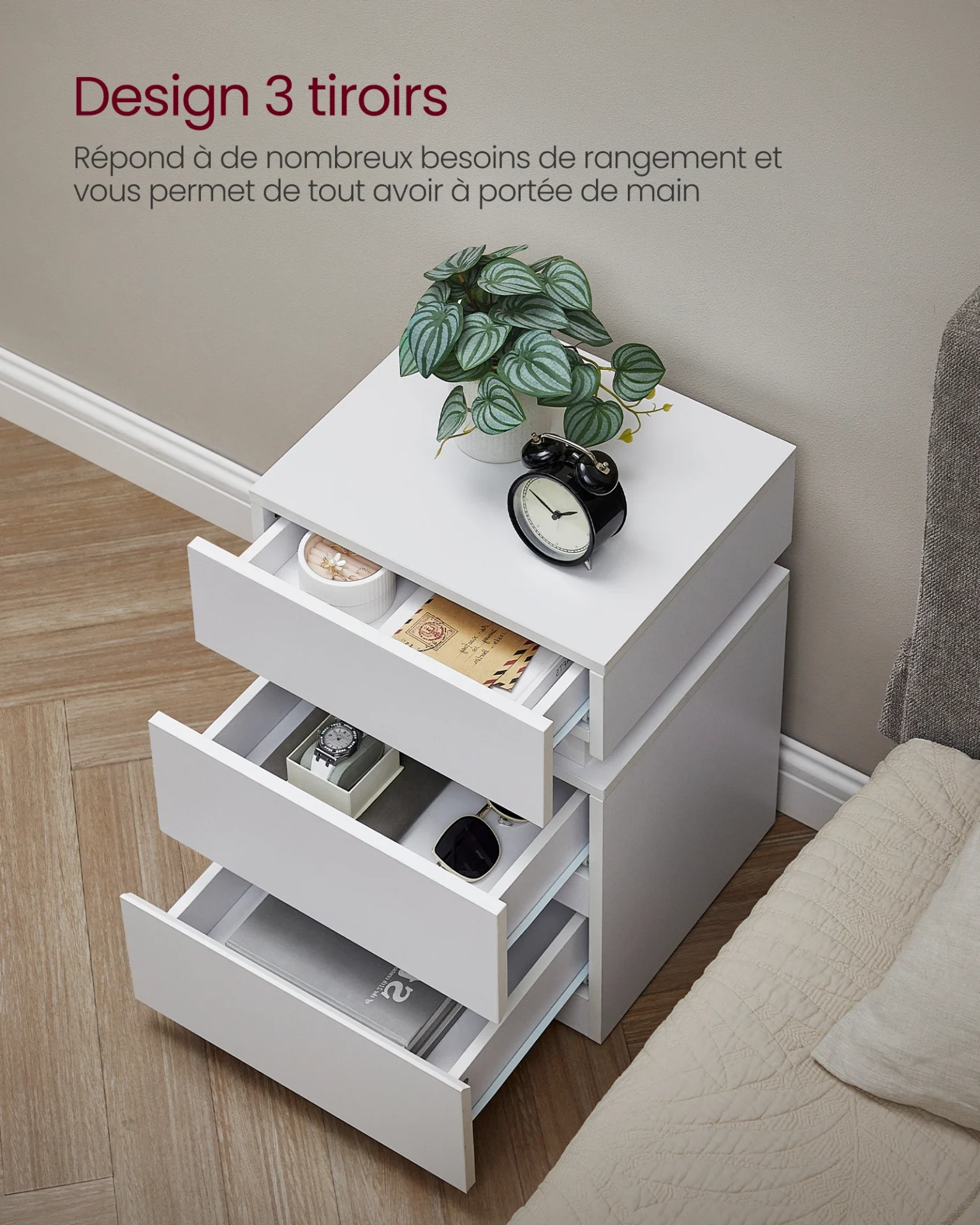 Table de chevet à LED avec 3 tiroirs - Maison Déco Lumière