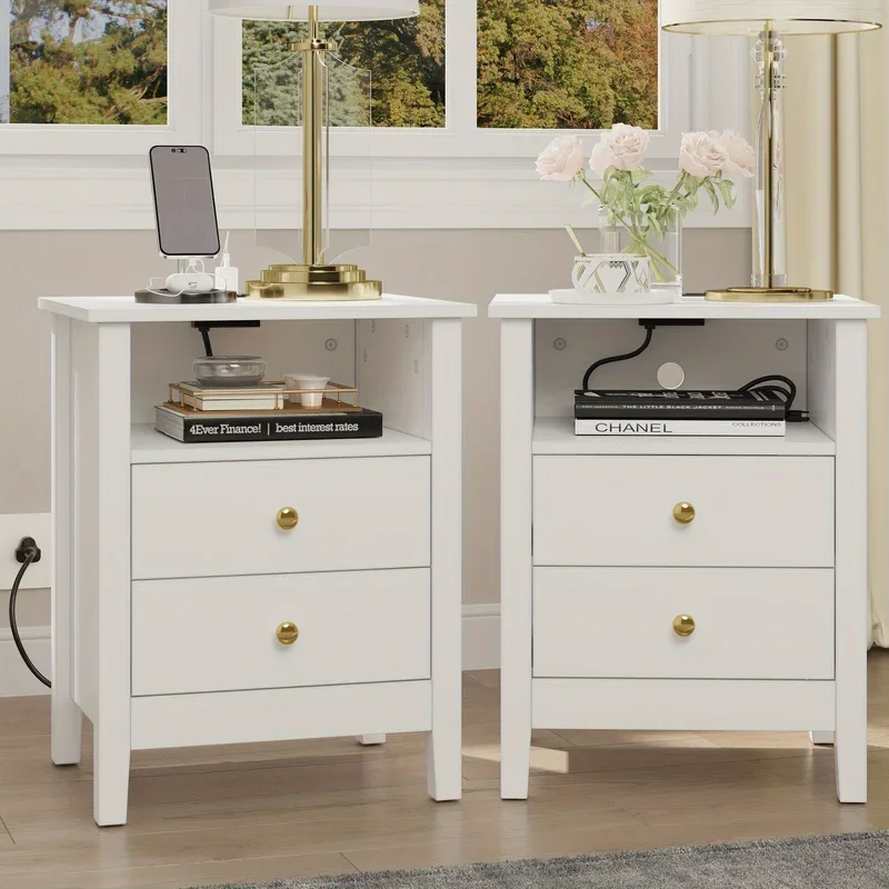 Ensemble de 2 tables de chevet blanche avec station de charge - Maison Déco Lumière