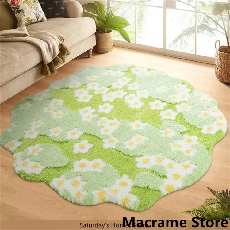 Tapis décoratif prairie fleurie en vert et blanc - Maison Déco Lumière