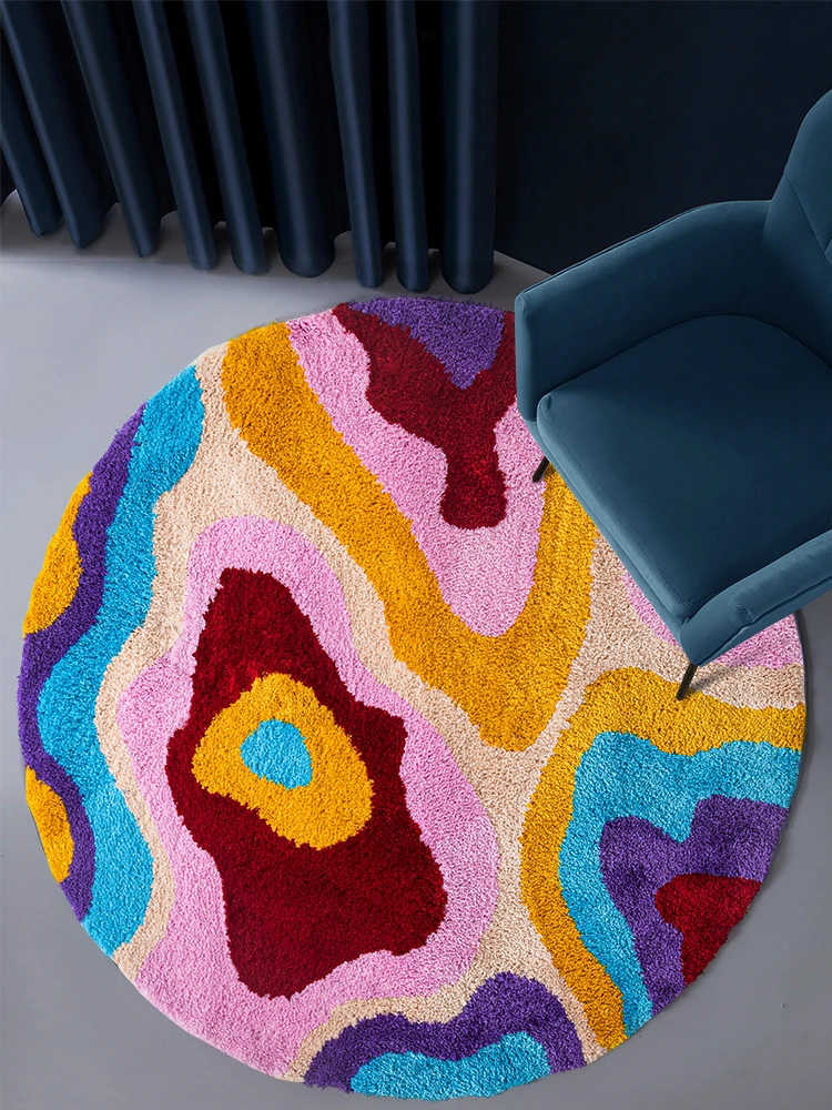 Y2K – tapis rond coloré à rainures psychédéliques, fait à la main, pour salon et chambre à coucher, rétro, en peluche, Art abstrait - Maison Déco Lumière