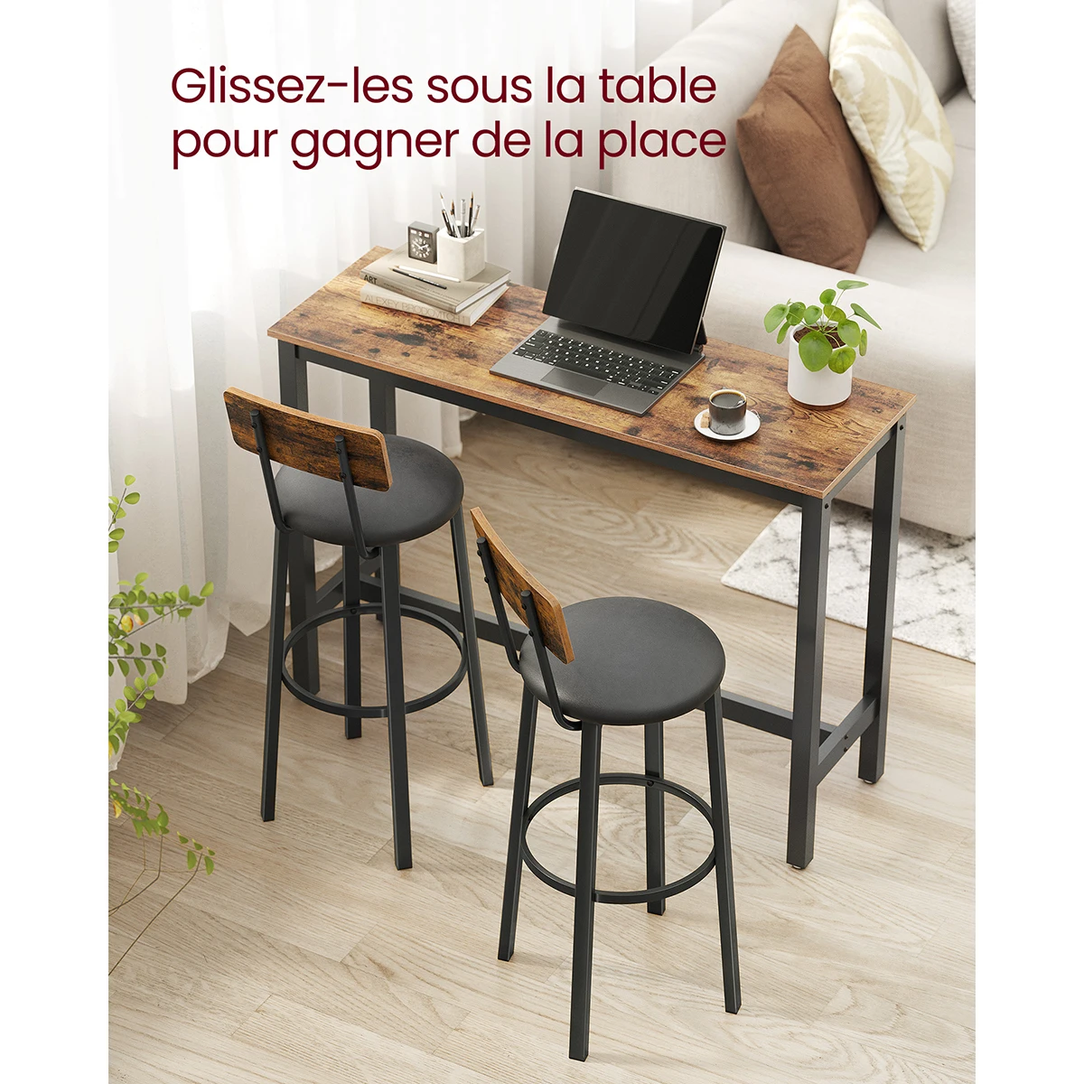 Lot de 2 chaises de bar en  cuir noir et dossier en bois - Maison Déco Lumière