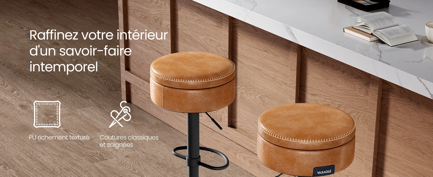 Tabouret de bar pivotant en cuir marron - Maison Déco Lumière