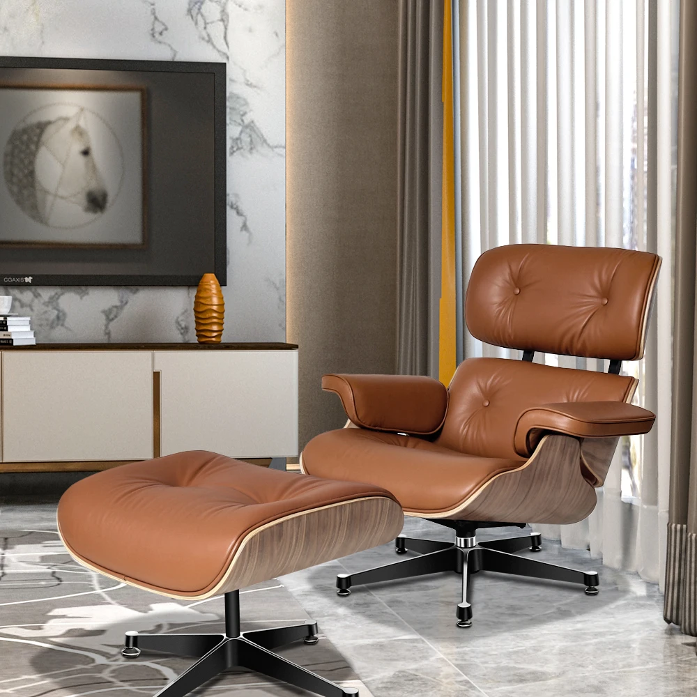 Fauteuil lounge rétro en cuir caramel et bois - Maison Déco Lumière