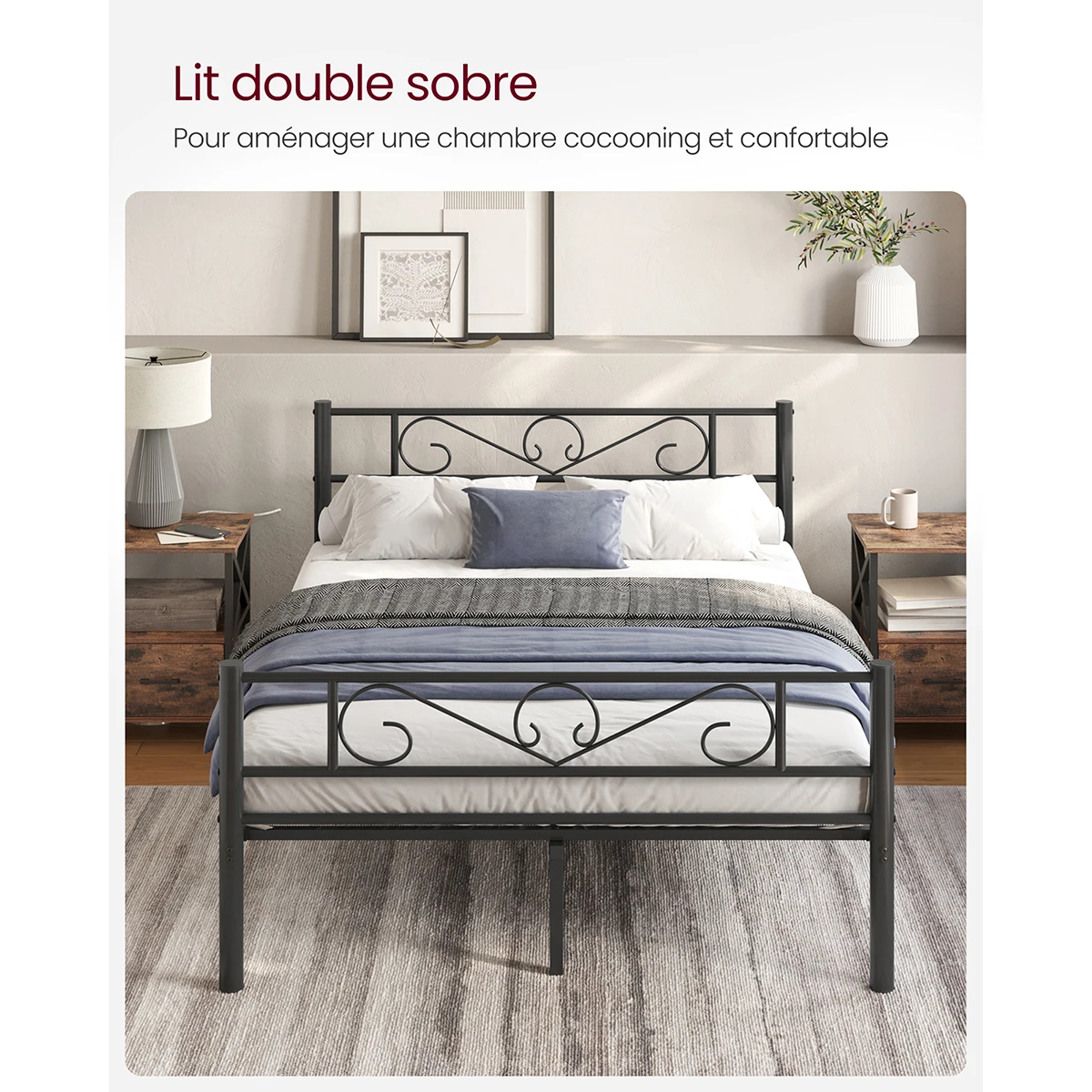 Lit en métal pour 2 personnes (140x190 cm) - Maison Déco Lumière