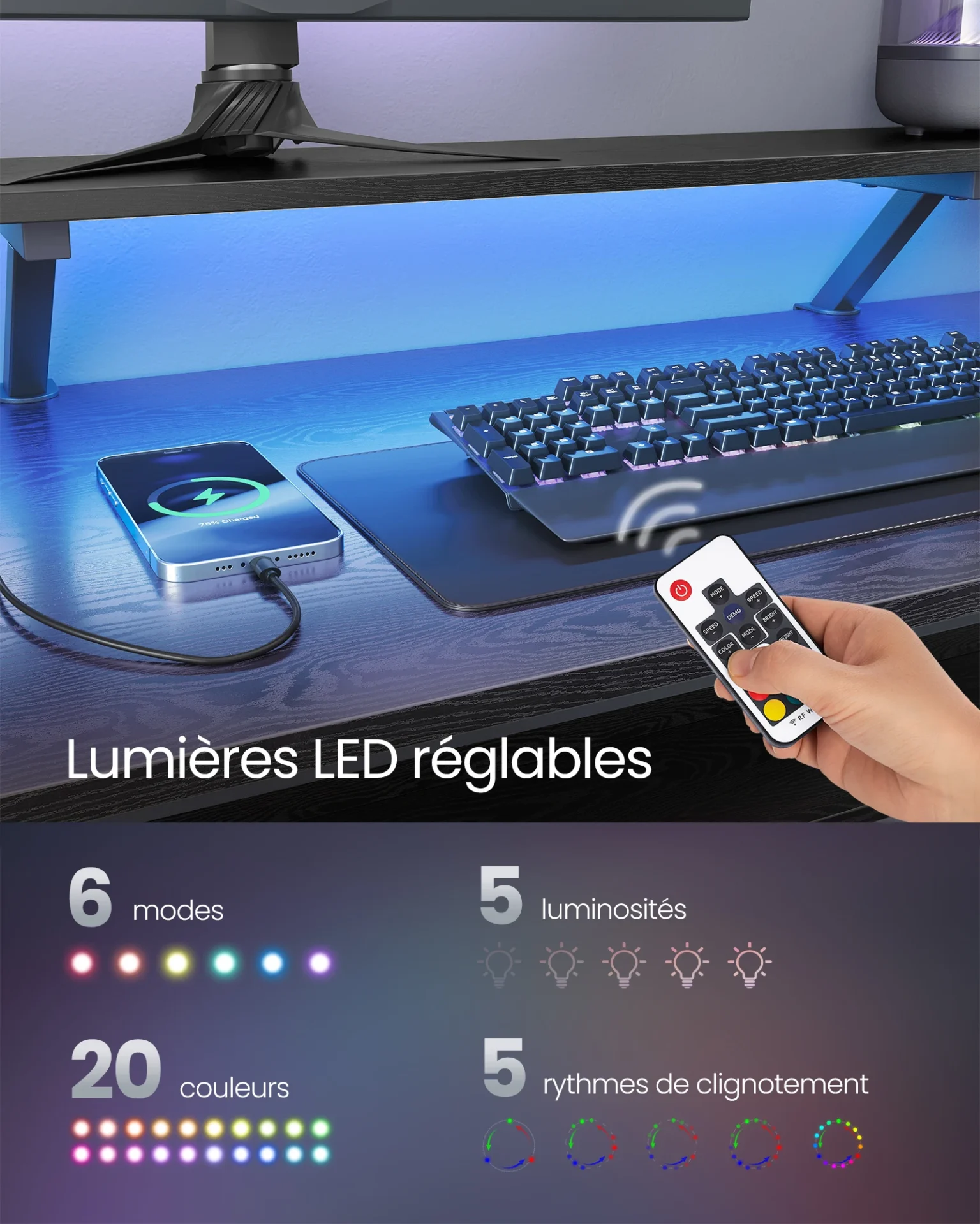 Bureau en L à LED avec multiprise et réhausseur d’écran - Maison Déco Lumière