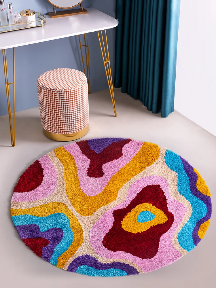 Y2K – tapis rond coloré à rainures psychédéliques, fait à la main, pour salon et chambre à coucher, rétro, en peluche, Art abstrait - Maison Déco Lumière