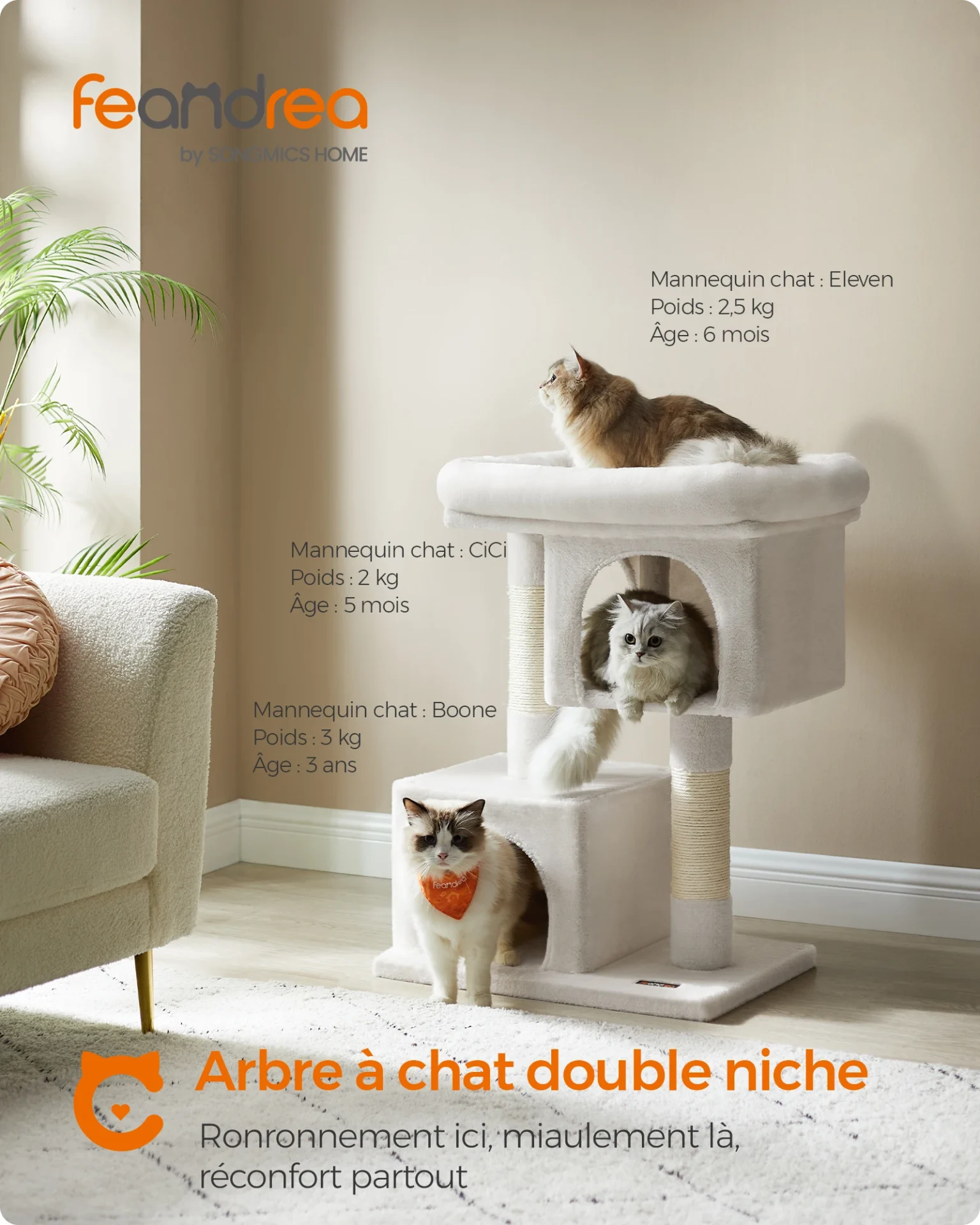 Arbre à chat blanc double niche (84 cm) - Maison Déco Lumière