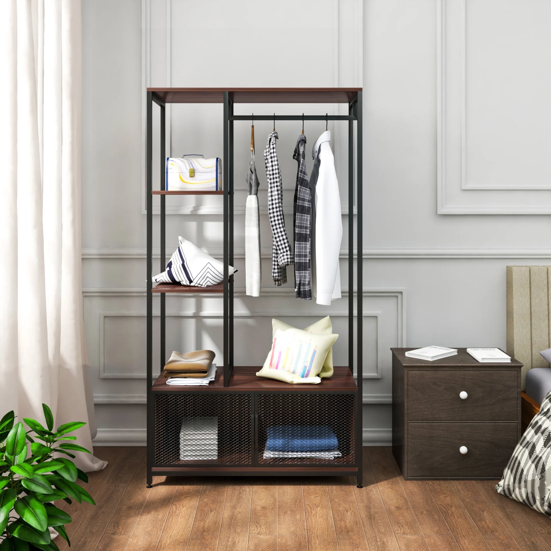 Armoire de rangement ouverte en bois et métal - Maison Déco Lumière