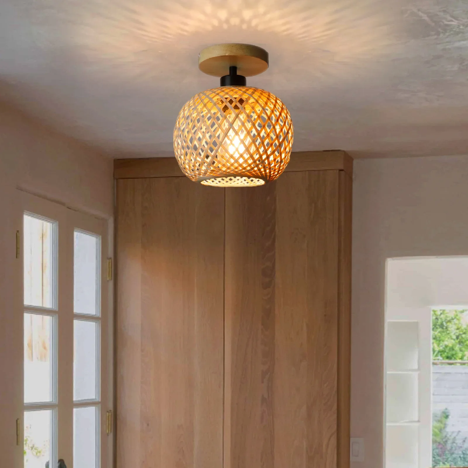 Plafonnier LED en bambou tissé, vintage - Maison Déco Lumière