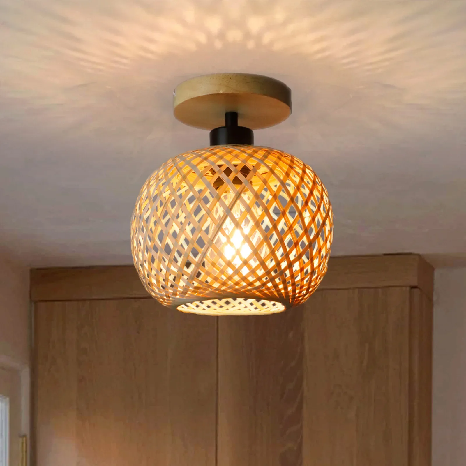 Plafonnier LED en bambou tissé, vintage - Maison Déco Lumière